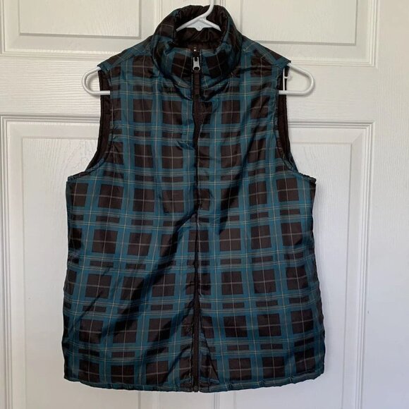 Merona Women’s Medium Brown Reversible Blue Green Plaid Puffer Vest - Picture 1 of 13